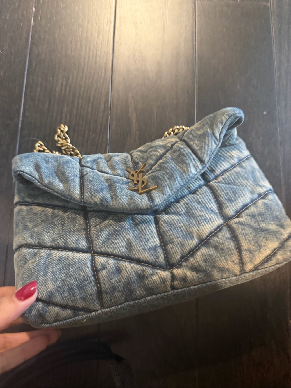 Saint Laurent Quilted Denim Shoulder Bag with Gold Hardware